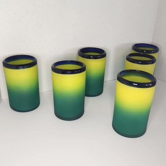 SET 6 HAND BLOWN MEXICAN GLASS TUMBLERS FROSTED YELLOW GREEN BLUE RIM - Picture 7 of 9